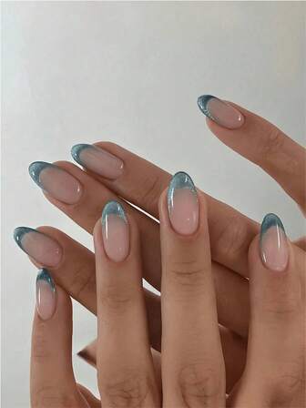 24pcs Green Short Cat Eye French Pointed False Nails, Simple & Fashionable, Make Girls' Skin Look Whiter