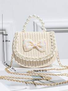 Kids Minimalist Bow Knot Woven Handbag, Straw Crossbody Bag, Storage Pouch, Shoulder Bag - Multicolor - View 7