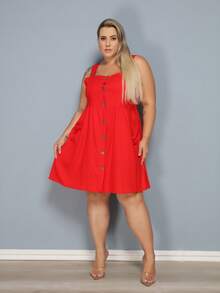 Plus Size Linen Short Dress With Button And Pocket, New Model. - Red - View 2