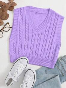 Knitted Sweater Vest With Braided Detail And V-Neck - tử đinh hương - Xem 6