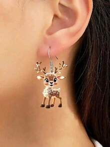 2 piezas Pendientes de acrílico con colgante de renos navideños lindos, adecuados para que las mujeres los usen en fiestas navideñas - Multicolor - Ver 3