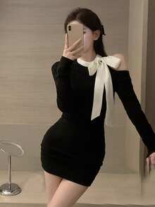 优雅性感修身长袖连衣裙，简约蝴蝶结半身裙