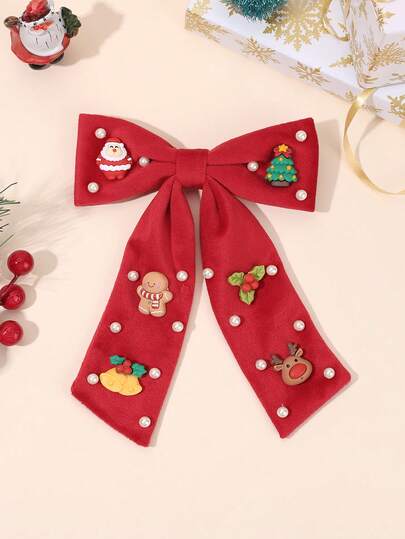 1pc Christmas Bow Hair Clips For Girls Christmas Santa Reindeer Gingerbread Man Pearl Alligator Clips Red Fabric Festive Hair Cute Cartoon Hair Clips New Year Party Hairpins Cute Barrettes Gift Kids Hair Accessories