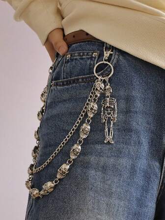 1件银色骷髅吊坠裤链 - 可拆卸O型环金属腰链，哥特朋克街头风配饰，适合搭配牛仔裤和万圣节服装