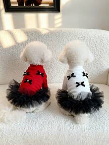 1pc Autumn/Winter Undershirt & Tulle Skirt, Long Sleeve Princess Tulle Skirt, Comfortable Versatile Undershirt, Bow Decor, Suitable For Pomeranian, Chihuahua, Maltese, Teddy And Other Small/Medium Cats And Dogs For Daily Wear And Parties