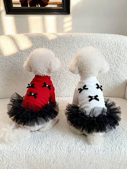 1pc Autumn/Winter Undershirt & Tulle Skirt, Long Sleeve Princess Tulle Skirt, Comfortable Versatile Undershirt, Bow Decor, Suitable For Pomeranian, Chihuahua, Maltese, Teddy And Other Small/Medium Cats And Dogs For Daily Wear And Parties