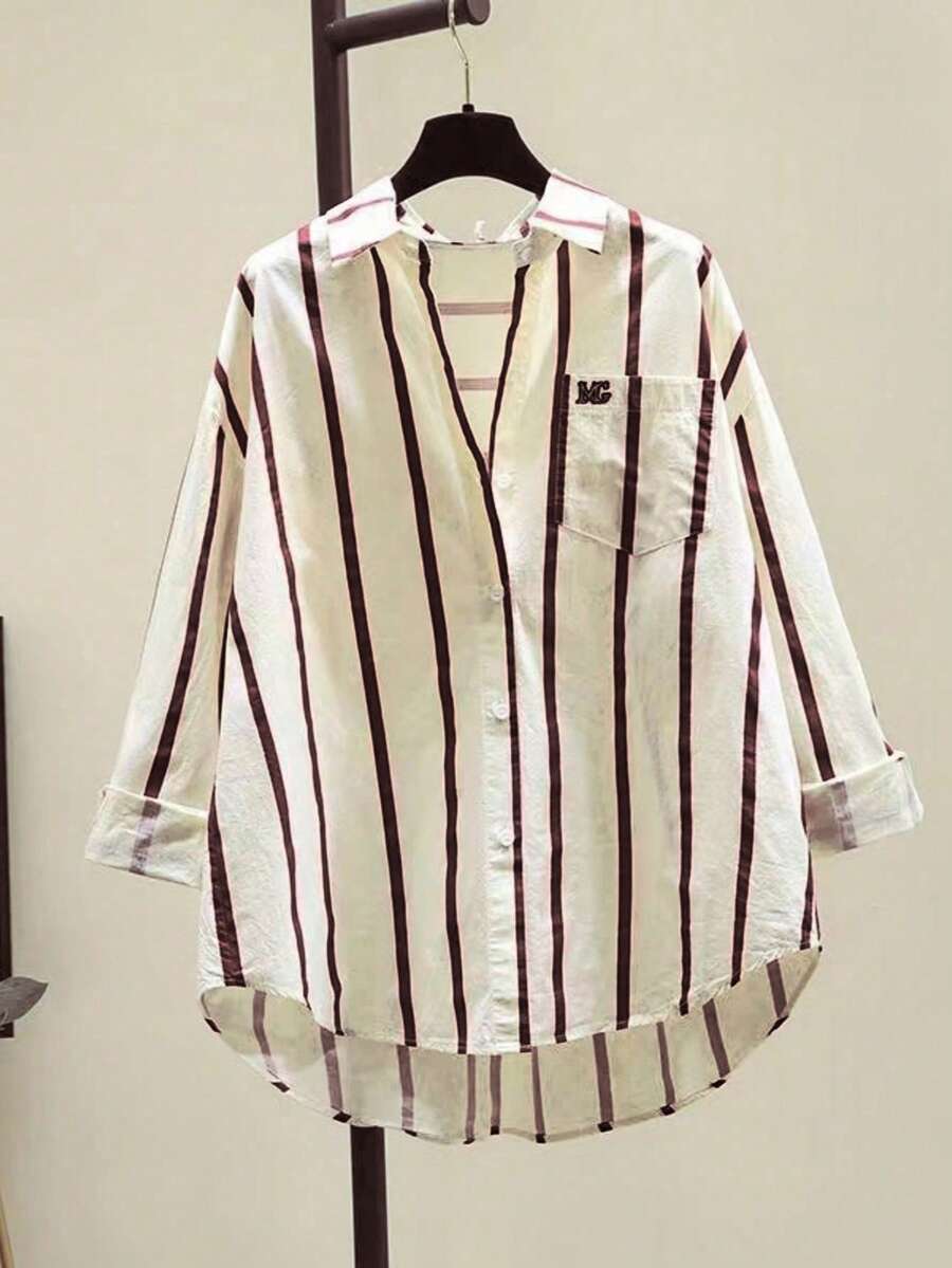 Striped Fashionable Drop Shoulder Loose Patchwork Pocket Shirt - Red - View 1