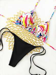 2026 New Colorblock Bikini Swimsuit, Sexy Strap Separates Set, Women's Floral Print Bohemian Backless Tie Swimwear For Beach Vacation - Black - View 2