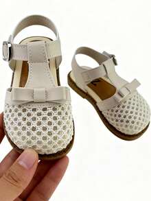 Girls Flats Sandals Kids Adjustable T-Strap Mesh Breathable Bow Hook And Loop 3-12Y Off-White - Beige - View 1