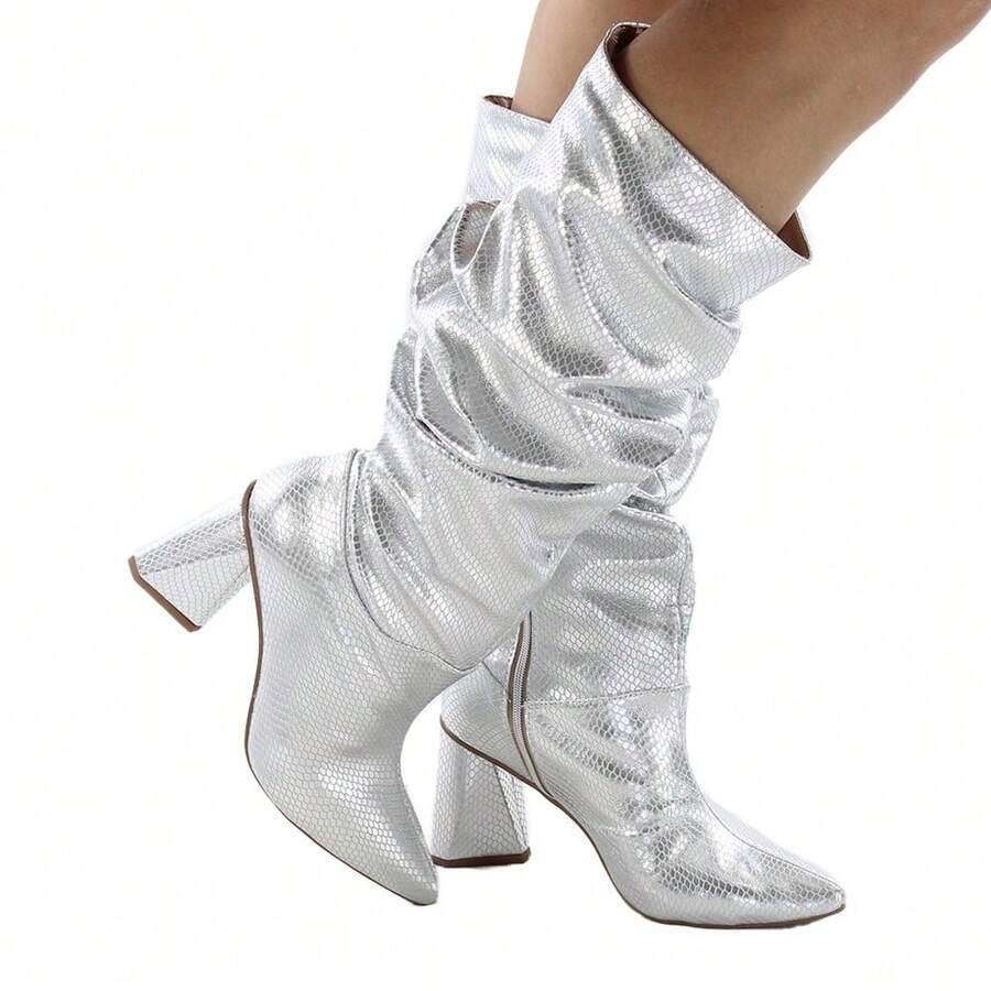 Women's Slouchy Wrinkled High Boot With 7.5 Cm Geometric Chunky Heel And Pointed Toe - Comfortable - Silver - View 1