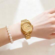 1pc 26mm Women's Watch, Stainless Steel Case & Band, Gold Color, High-End Elegant Quartz Watch, Luxury Business Waterproof Wristwatch, Fashion Calendar Diamond-Studded Ladies Watch, Suitable For Daily Decoration, Holiday & Birthday Gift