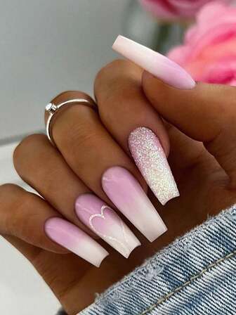 24pcs Fall Press On French Tip Nails Y2k Pink Nails Long Coffin Ombre Glitter Geometry Stripe Foil Silver Heart Pattern Reusable Press On Acrylic Nails Fake Nails Supplies Free Of 24 Pieces Of Jelly Tabs And A Mini File