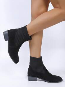 Women's Fashion French Chelsea Maillard Chunky Heel Pointed Toe Elastic Slim Fit Ankle Boots, Spring/Autumn - Black - View 4