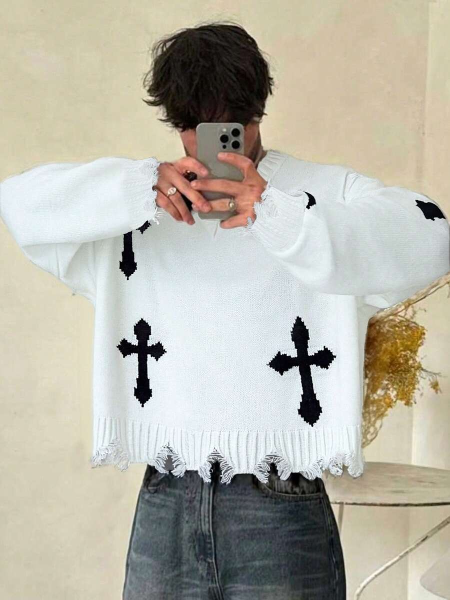 1件青少年男童/男孩宽松舒适十字针织下摆套头毛衣，加厚保暖，流行单品，春/秋/冬 - 白色 - 查看 1