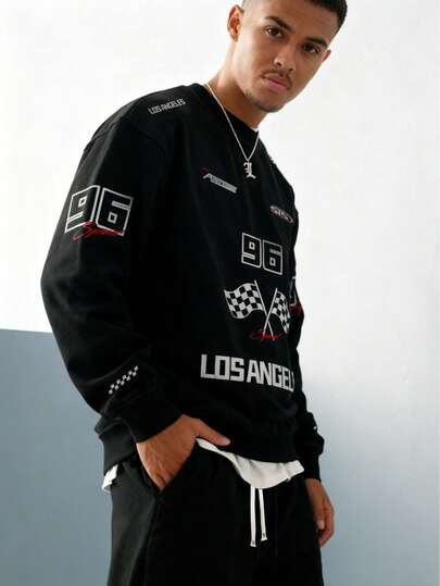 هودي رياضي كاجوال بطباعة رقمية بطراز الشارع، بطراز السباق، بطراز الشارع، مناسب للارتداء في فصل الخريف