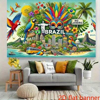 Pancarta plana 2D 1 Fondo cultural brasileño con diseño tropical vibrante, que incluye la montaña del pastel de azúcar de Santa María del Fuego y la máscara de carnaval, tela de fotografía de poliéster duradera para decoración de pared de fiesta interior y exterior, sin necesidad de suministro eléctrico