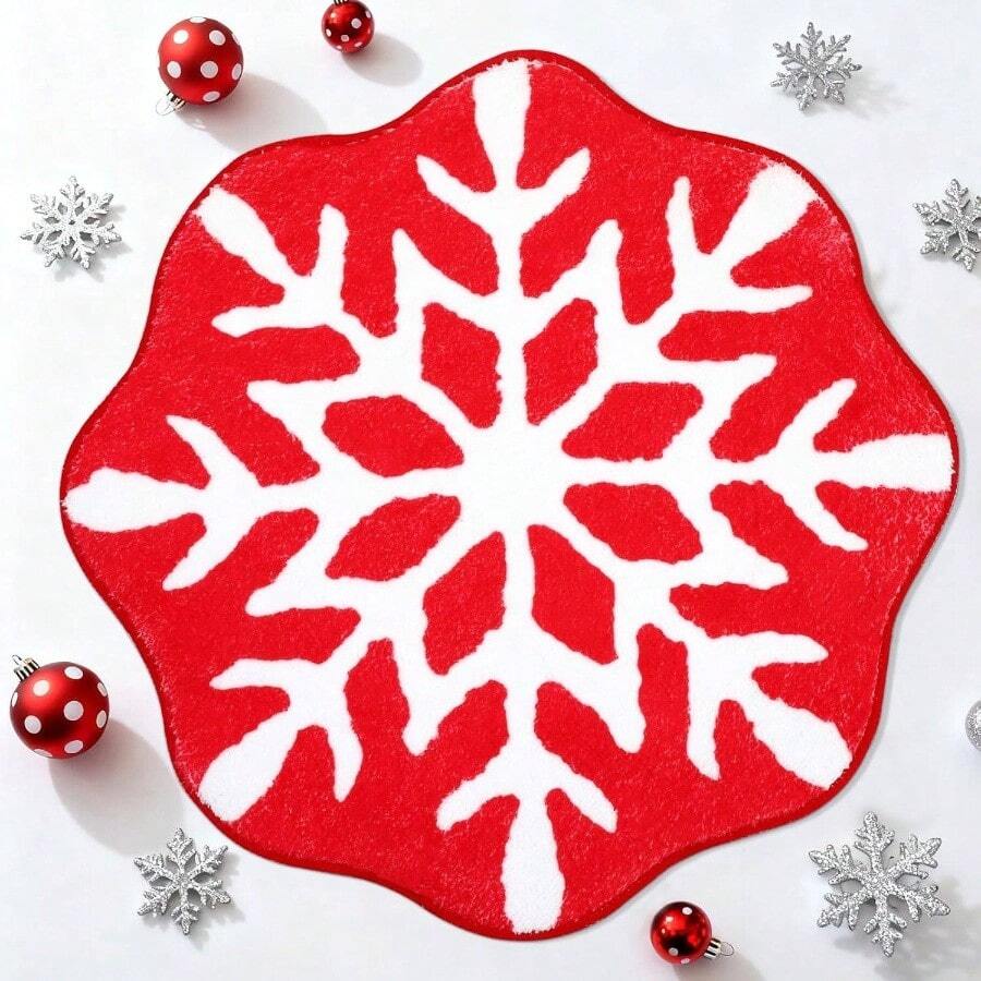 Snowflake Bathroom Rug, 22 Inch Winter Snowflake Bath Non Slip Red Round Bathroom Kitchen Bedroom Front Door Decor - Snowflake - View 1