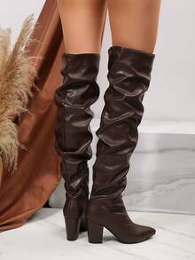 FVPFVP Inspired Patent Leather Square Toe Tall Boots, Slim Fit Chunky Heel Riding Boots For Women, Autumn/Winter - Coffee Brown - View 7