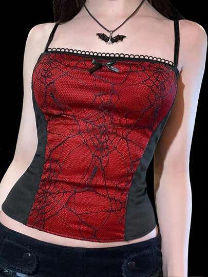 Women's Gothic Spider Web Lace Camisole Ruffle Collar Knit Fabric Cropped Tank Top