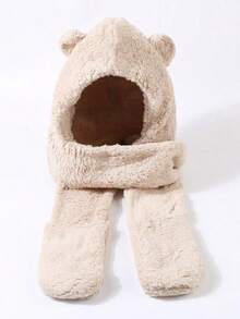 1pc Women Cartoon Ear Decor Fluffy Casual Hat With Scarf, Winter Cute - Khaki - View 1