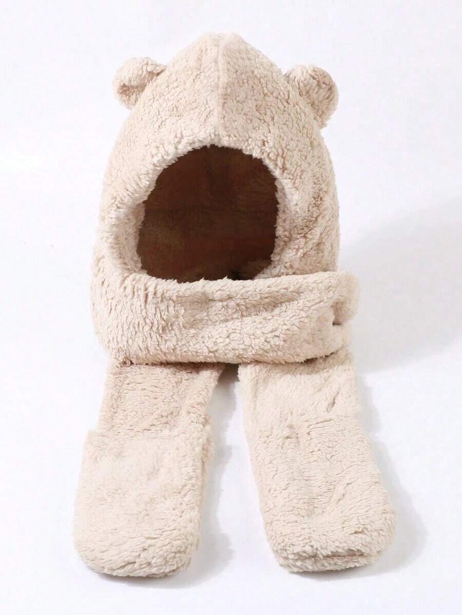 1pc Women Cartoon Ear Decor Fluffy Casual Hat With Scarf, Winter Cute - Khaki - View 1