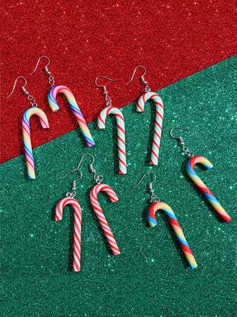 1对圣诞彩虹拐杖糖长流苏耳环，可爱聚合物粘土圣诞耳环配饰