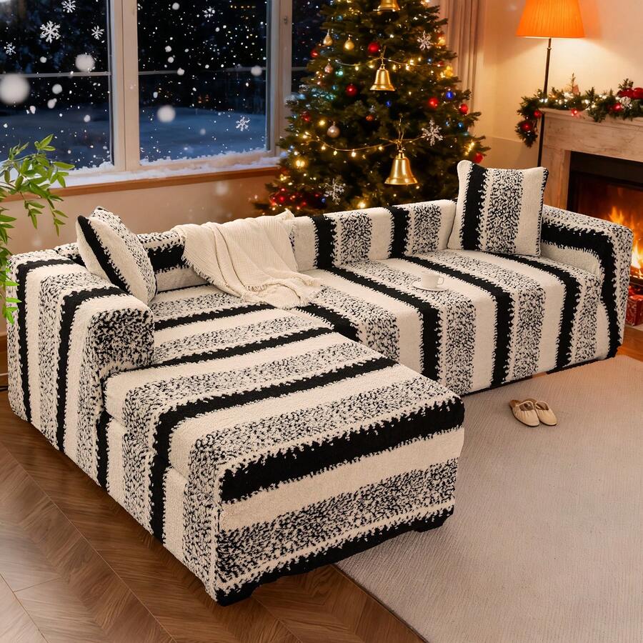 L Shape Sofa Cover For Sectional Sofa Couch Slipcover Stretch Velvet Sofa Slipcover For 3+3 Seat Sofa / 3+4 Seat Sofa Elastic Cozy Warm, Pet-Friendly Anti-Slip Anti-Dirt Furniture Protector, 2Pcs/Set Dual-Color Jacquard Plush Sofa Slipcovers, Includes 2 Pillow Cases For Universal Arm L Shape Sofa - 黑色 - 查看 1