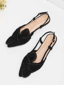 Zapatos planos para mujer con punta puntiaguda, tira trasera, diseño calado y gran lazo decorativo, sandalias tipo mula con tira, bailarinas con diseño de flor hecho a mano, sandalias planas de ante negro, últimos zapatos de mujer para primavera/otoño - Negro - Ver 4