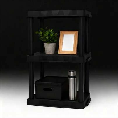 Plástico negro de 3 niveles, 32" A x 20.07" A x 12" P, capacidad total de 150 lb