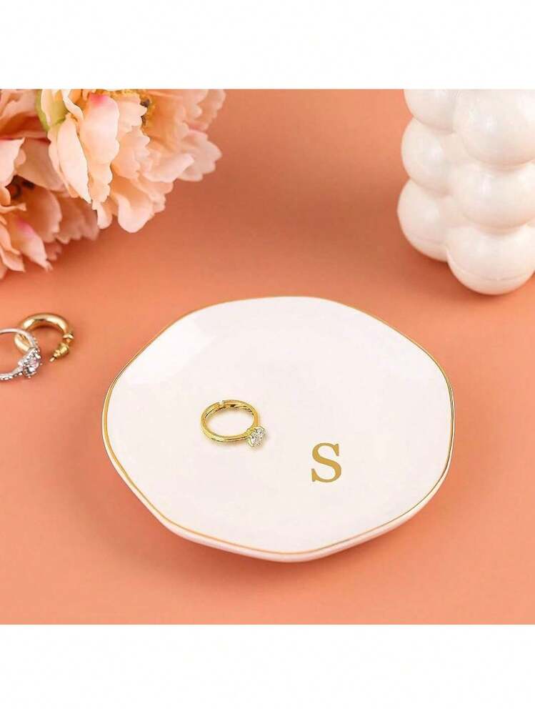 Bandeja de joyería de cerámica, plato de anillo inicial personalizado, elegante bandeja de baratija para anillos, aretes, pulseras, collares, soporte de joyería decorativo blanco para mujer - Letra B - Añade 1