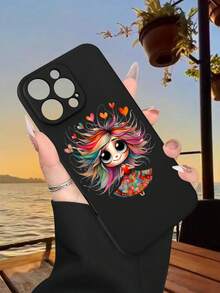 1PC Funda de teléfono TPU con diseño de chica con cabello multicolor y corazones flotantes, estilo artístico y soñador, combinación de fantasía y colorido moderno, protección para lente, resistente a caídas, textura mate suave, ideal para mujeres, amantes del arte y personas que buscan un toque único, regalo especial, compatible con iPhone16/15/14/13/12/11/XS/XR/X/PLUS/PRO/PROMAX, compatible con Galaxy A21/A24/A25/A32/A34/A35/A54/A55, Galaxy S20/S21/S22/S23/S24 Ultra, agarre cómodo, regalo de temporada para amigos, novia, novio, familia - Negro - Ver 3