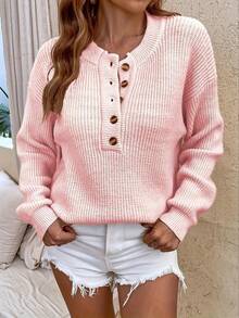 Pink Women's Cozy Sweater With Button Details - Casual Crew Neck, Long Sleeve Pullover For Fall/Winter, Soft & Comfortable Fabric, Fall Winter Apparel | Button Detail Sweater | Construction - 粉色 - 查看 3