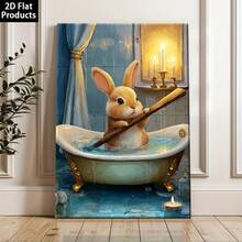 Pintura de arte abstracto plano 2D estilo inodoro, póster en lienzo con marco de madera, conejo bañándose en un elegante baño en una bañera vintage, incluye bolígrafo, adecuado para decoración de dormitorio, sala de estar, cocina, pasillo, baño, regalo de decoración del hogar, decoración navideña - transparente - Ver 4