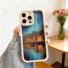 Cubierta de telefono con borde protector color negro diseño de paisaje urbano nocturno con reflexiones en agua y barco iluminado para uso diario y viajes - Café integral - Ver 4