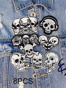 1 Set Of 3/6/8pcs Black And White Skull Clothing Embroidered Patches Iron On Patches Halloween Punk Style Cloth Sticker DIY Decorative Accessories Suitable For Backpacks, Jackets, T-Shirts, Pants, Hats, Dresses, Etc