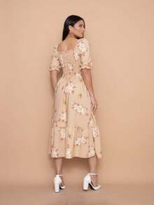 Helena Printed Crepe Midi Dress With Elasticated Waist And Short Sleeves. - 卡其色 - 查看 4