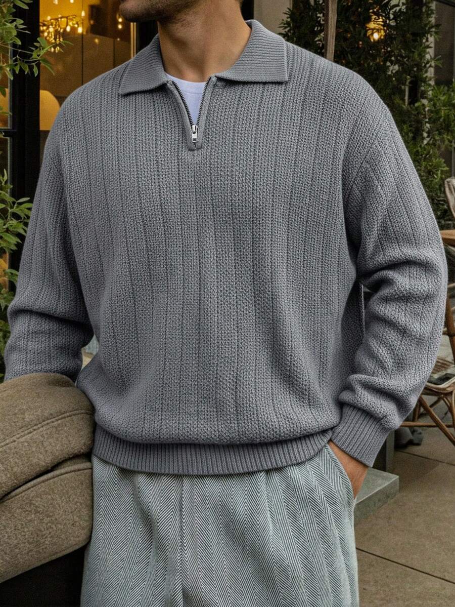 男士休闲修身纯色罗纹复古百搭通勤 Polo 领拉链长袖针织衫,秋冬款 - 灰色 - 查看 1