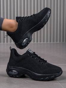 Zapatillas deportivas transpirables casuales para mujeres con malla de unicolor, con cordones, altura elevada, de bajo superior y cómodas, a la moda