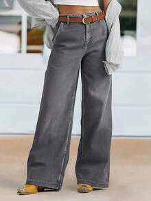 女士新款高腰弹力阔腿直筒牛仔裤，秋冬季休闲春季款 - 灰色 - 查看 5