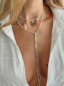 1pc Design Sense Crushed Stone Shimmering Collarbone Chain, Niche Heart-Shaped Pendant, Long Beaded Necklace Accessory - Necklace - View 11