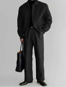 男士高品质加厚翻领羊毛混纺短款夹克，美式复古休闲时尚轻便防风外套，适合春、秋、冬季穿着。 - 黑色 - 查看 3