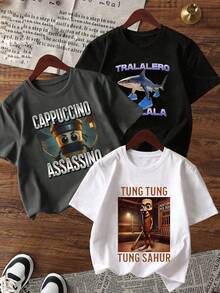 3pcs Tween Boys' "Italian Brainrot" Graphic Print Crew Neck Short Sleeve T-Shirts, Summer Tops