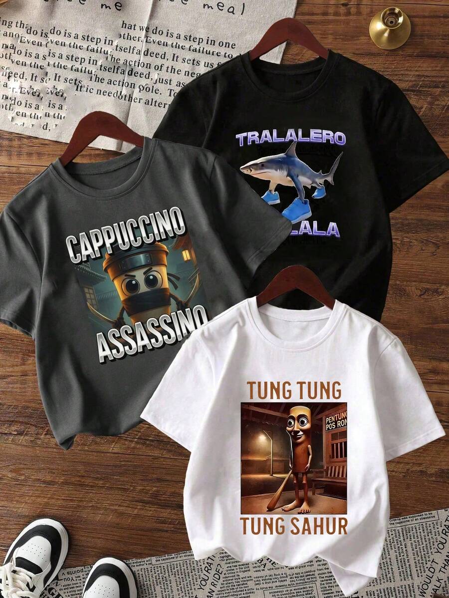 3pcs Tween Boys' "Italian Brainrot" Graphic Print Crew Neck Short Sleeve T-Shirts, Summer Tops
