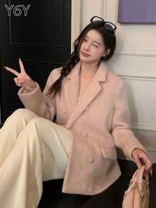 [Y6Y] 女士时尚粉色中长款外套，双排扣宽松羊毛夹克，适合圣诞节和休闲穿着 - 粉色 - 查看 10