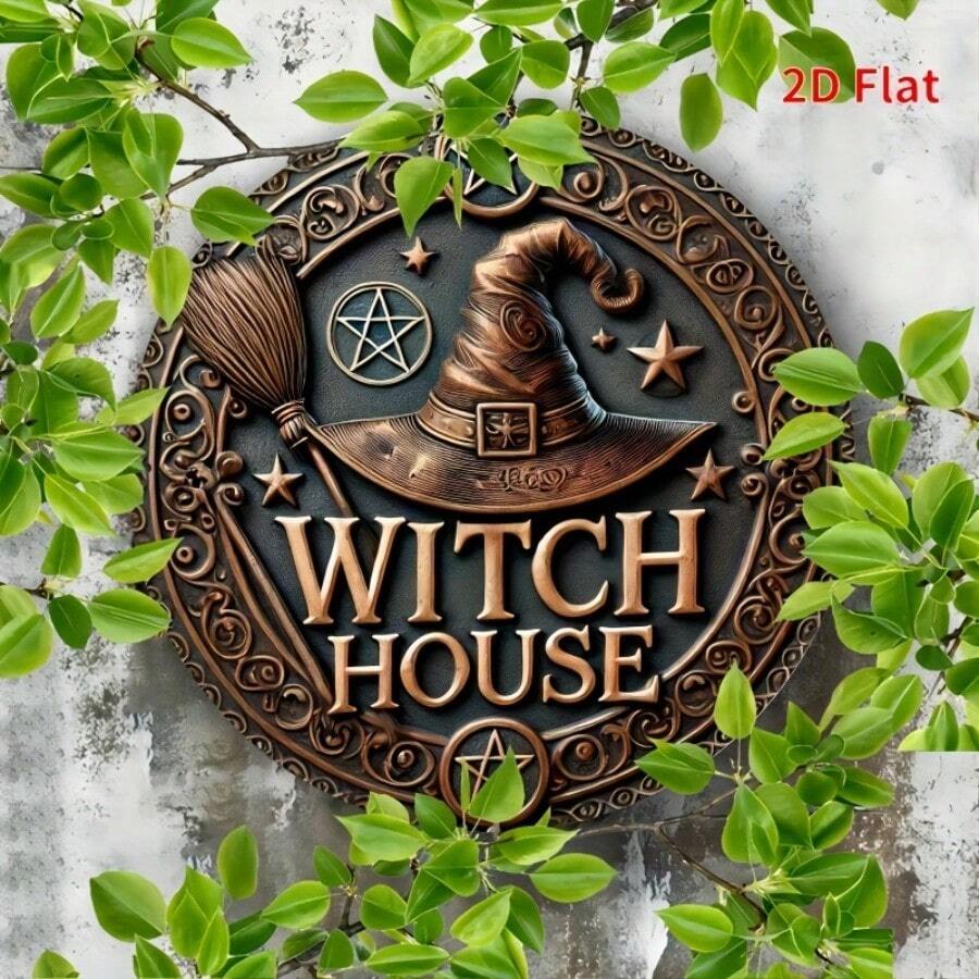 [2D Flat] 1pc Vintage Witch House 2D Flat Metal Sign, 19.99x19.99 Cm - Round Iron Wall Decor With Golden Stars, Witches Hat & Broomstick Design, Perfect For Home, Room, Garage, Garden, Bar, Man Cave, Halloween & Holiday Decor, Halloween Decor | Witchcraft Theme | Durable Metal Sign, Halloween Decorations - Nhiều màu - Xem 1