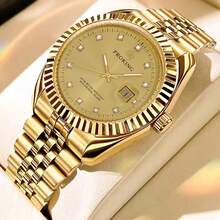 PROKING 1pc 40mm Men's Watch, Stainless Steel Case & Band, Gold Color, Luxury Quartz Watch, Business Water-Resistant Wristwatch, Fashion Calendar Diamond-Studded, Suitable For Daily Decoration, Holiday & Birthday Gift - Gold - View 3