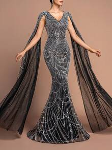 Women's Elegant V-Neck Cape-Like Ultra-Long Slit Sleeve Sparkly Beaded Floor-Length Party Gown – Form-Fitting Mermaid Skirt For Formal Parties, Galas & High-End Events