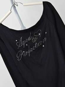 复古美式坏蛋不对称字母水钻缀饰长袖T恤，修身斜肩上衣，适合初秋 - 黑色 - 查看 11