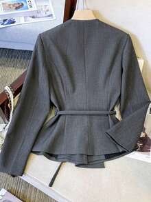 Damen elegante einfarbige Bluse mit Tasche, Gürtel und Knöpfen vorne für das Büro - Grau - Übersicht 2