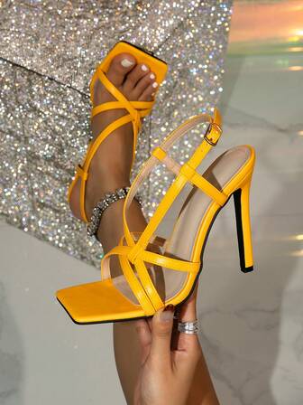 1 Pair Solid Color PU Leather High Heel Sandals, Square Toe Stilettos Stilettos For Summer Outdoor Wear